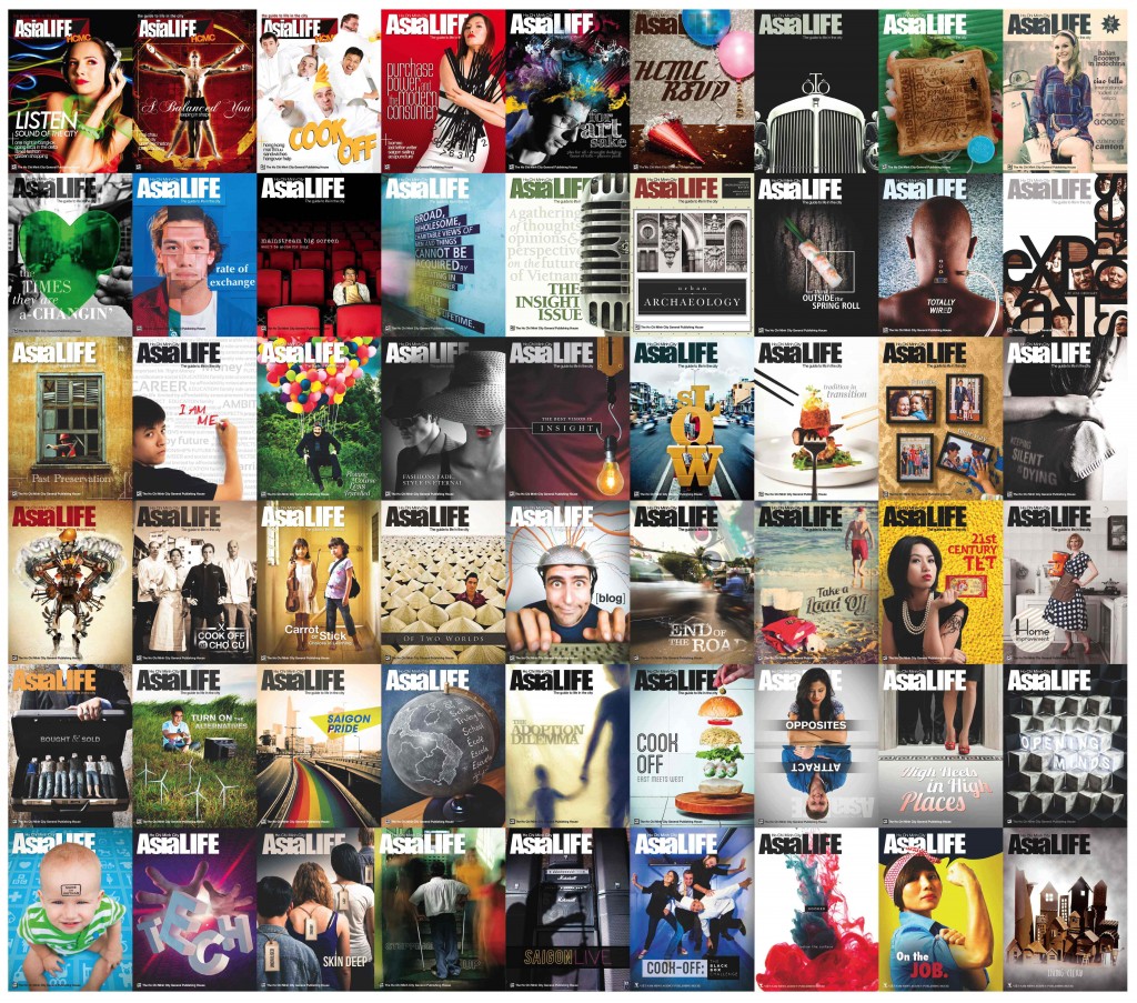 54 out of the 56 covers I photographed for AsiaLIFE Magazine