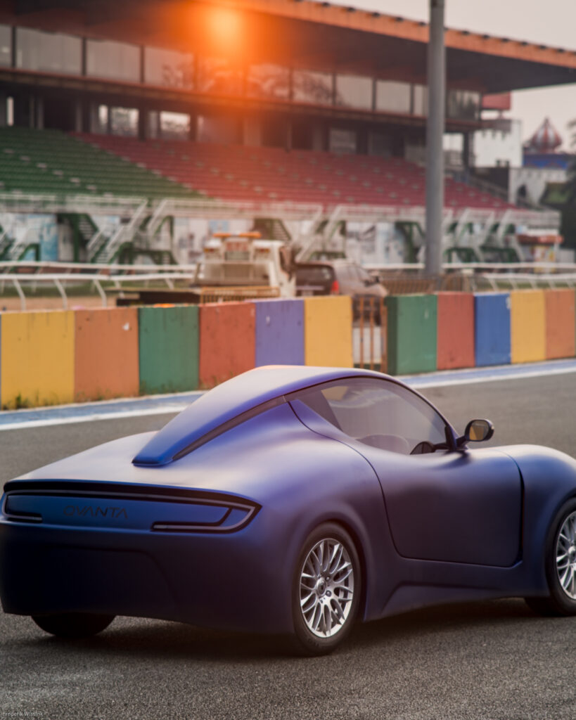 Quanta EV car on the track at sunset on test drive day in Vietnam